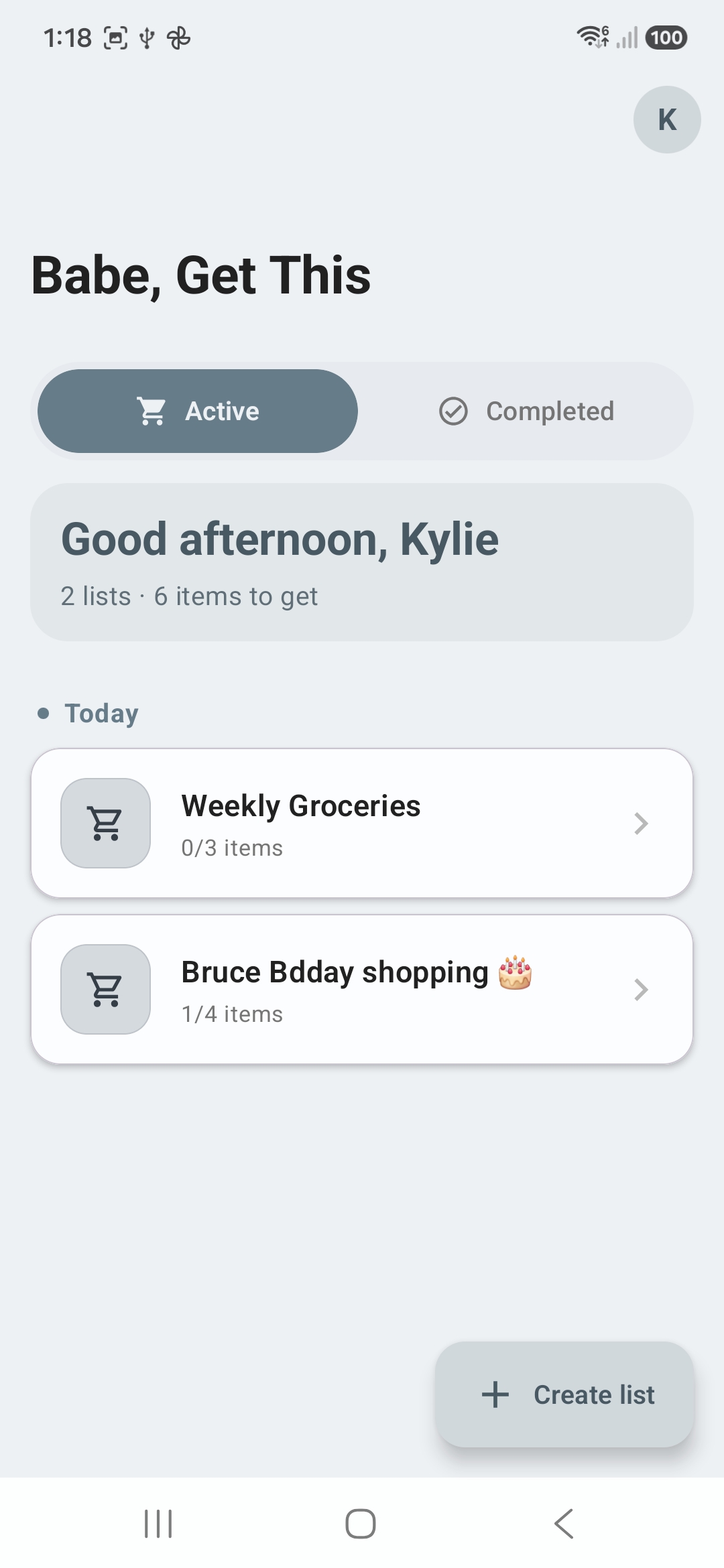 Babe, Get This home screen showing two shopping lists
